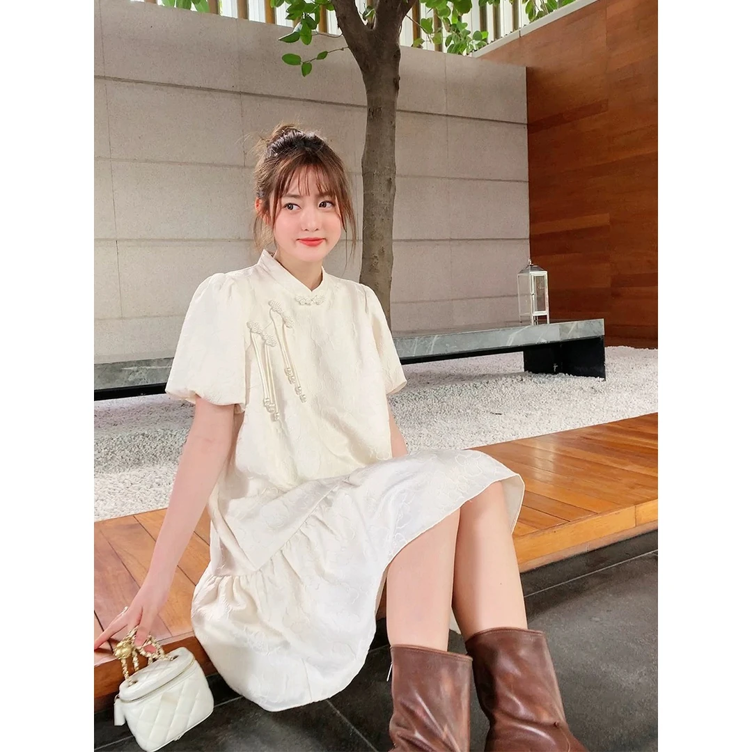 晶咕~白标~提花盘扣新中式连衣裙女夏季大码a字显瘦泡泡袖