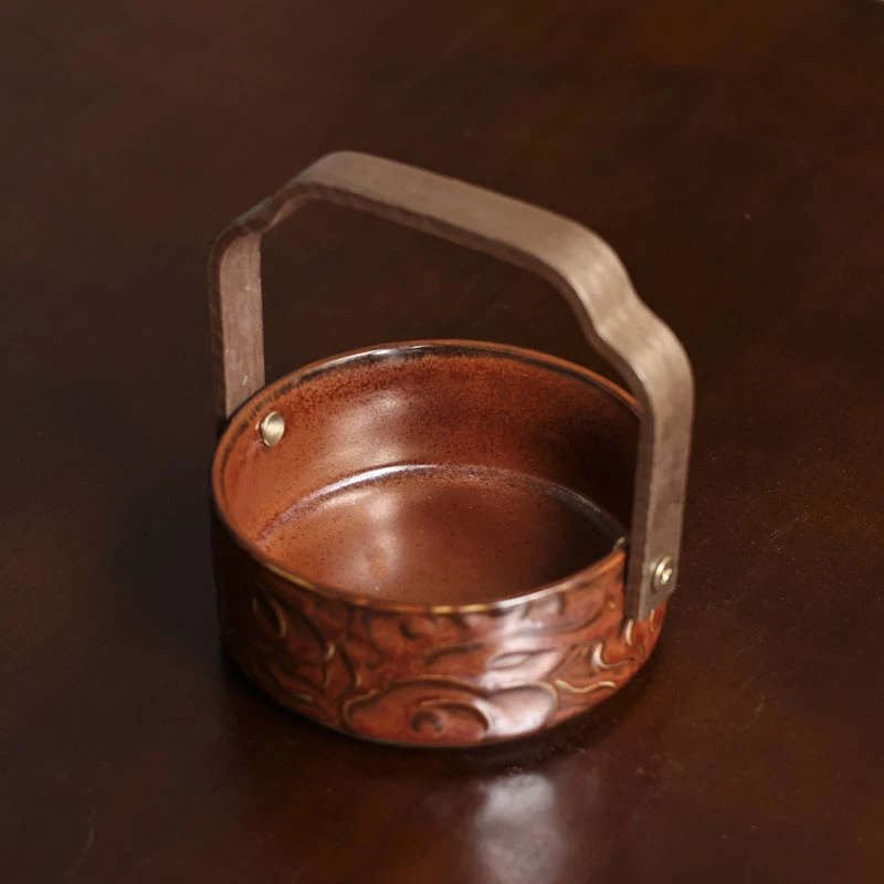 【福利上新】红金釉祥云提梁果盘12cm.5084茶器中式可叠复古茶家用