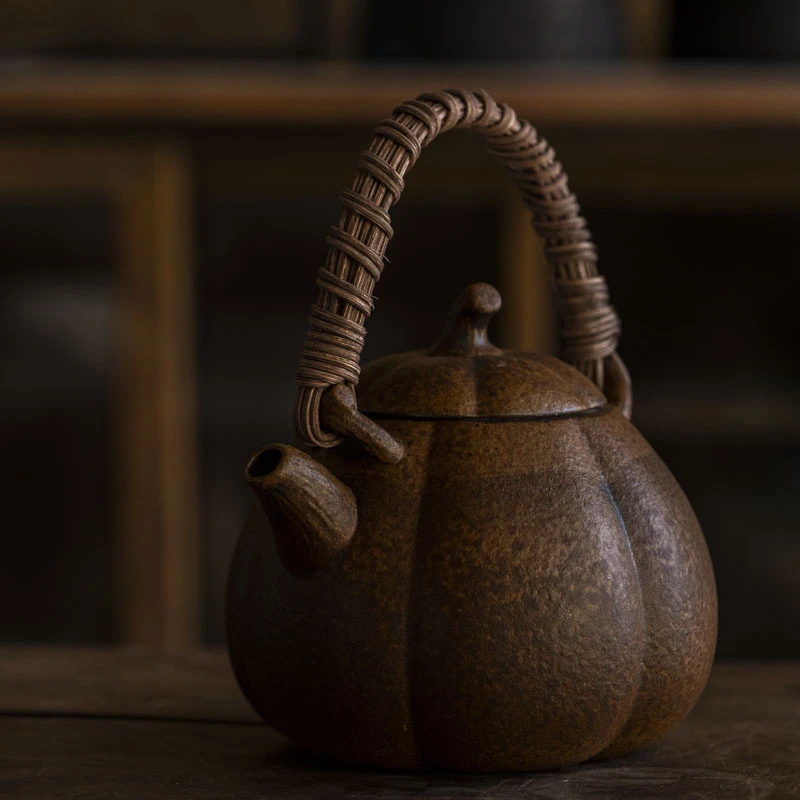 【灰念】老岩泥酱釉南瓜提梁壶煮茶器.400cc.4057.原矿.陶瓷茶器