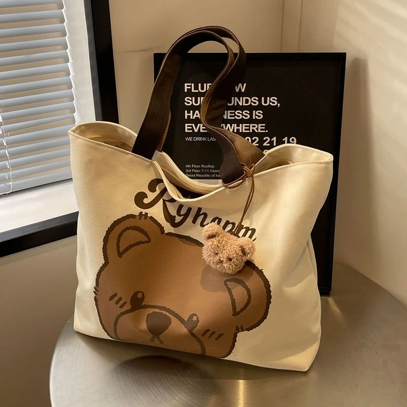休闲大容量包包夏新款卡通小熊帆布包学生上课通勤单肩托特包C508