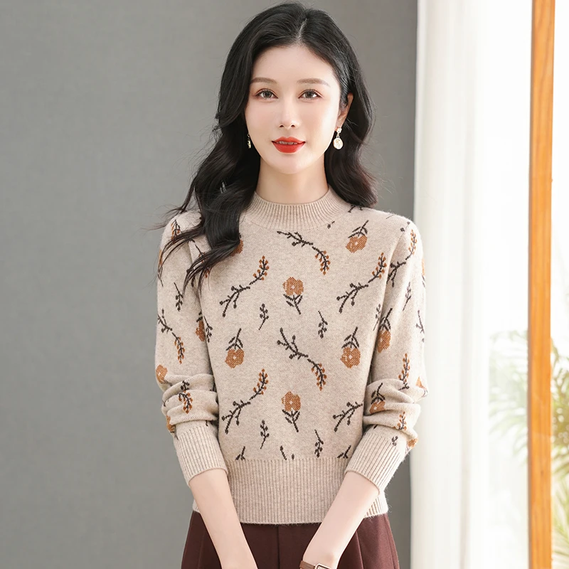 2025秋冬芝麻点三色提花设计显瘦遮肉厚款中领上衣百搭长袖女士