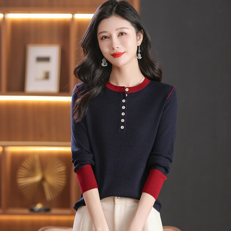 【重工新款】精致纽扣拼色圆领2025春季新款套头弹力衫长袖针织衫女