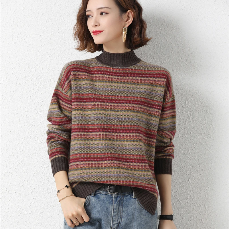2025年秋冬新款拼色条纹加厚中领时尚大气宽松外穿女士半高领针织