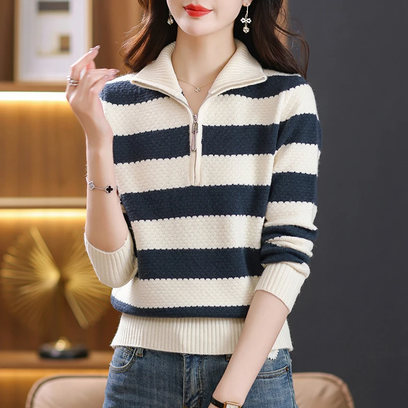 慵懒风宽松外穿拉链翻领毛衣女秋冬2023新款立领打底衫短款针织衫