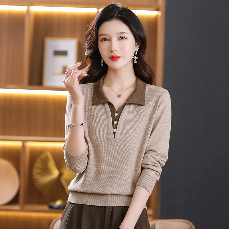 2025秋季休闲翻领假两件条纹省心穿搭女士上衣大码宽松长袖针织衫