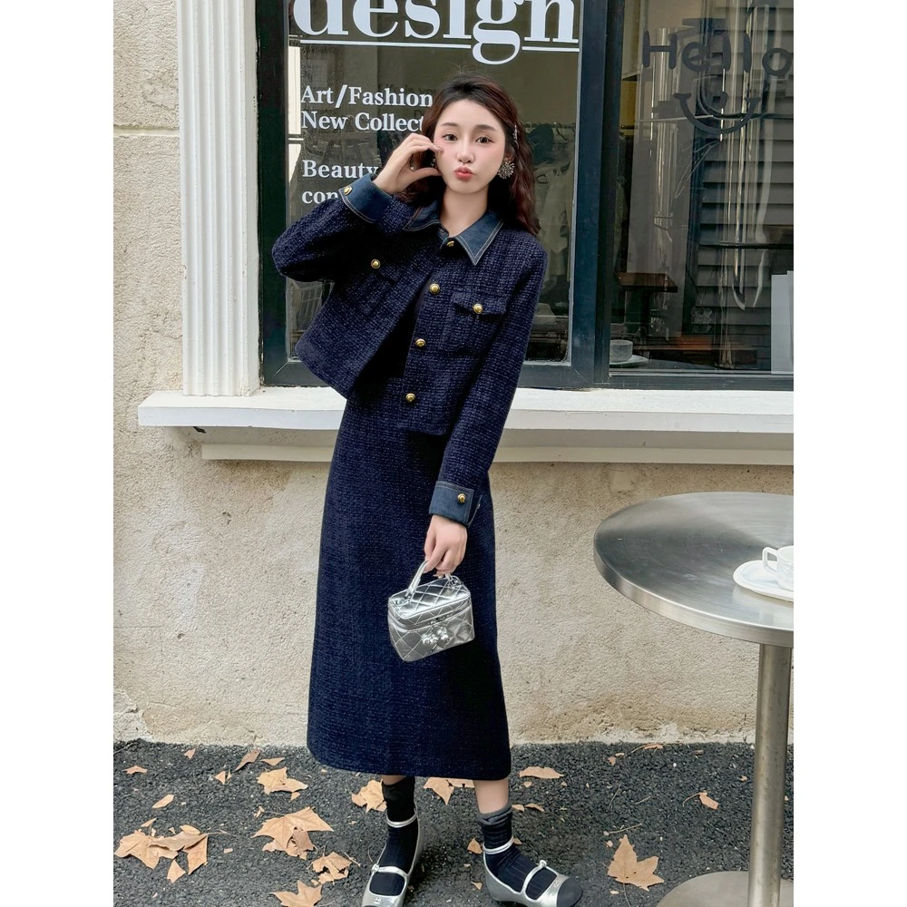 小香风长裙套装女秋冬新款高级感拼牛仔短外套半身裙两件套3069