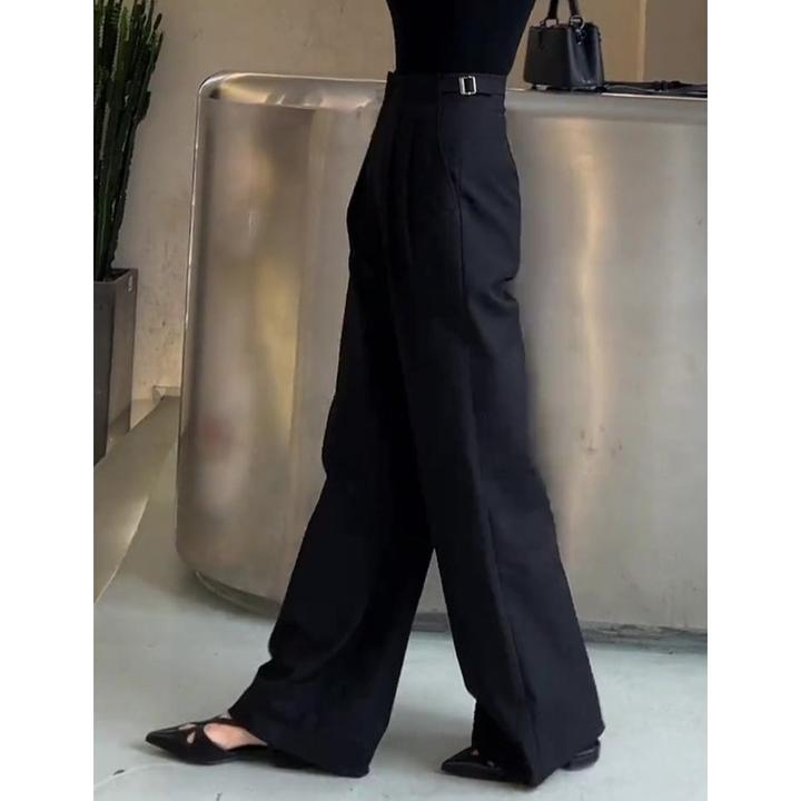 秋季新款设计感侧扣黑色窄版西装裤女高腰修身显瘦垂感直筒休闲裤