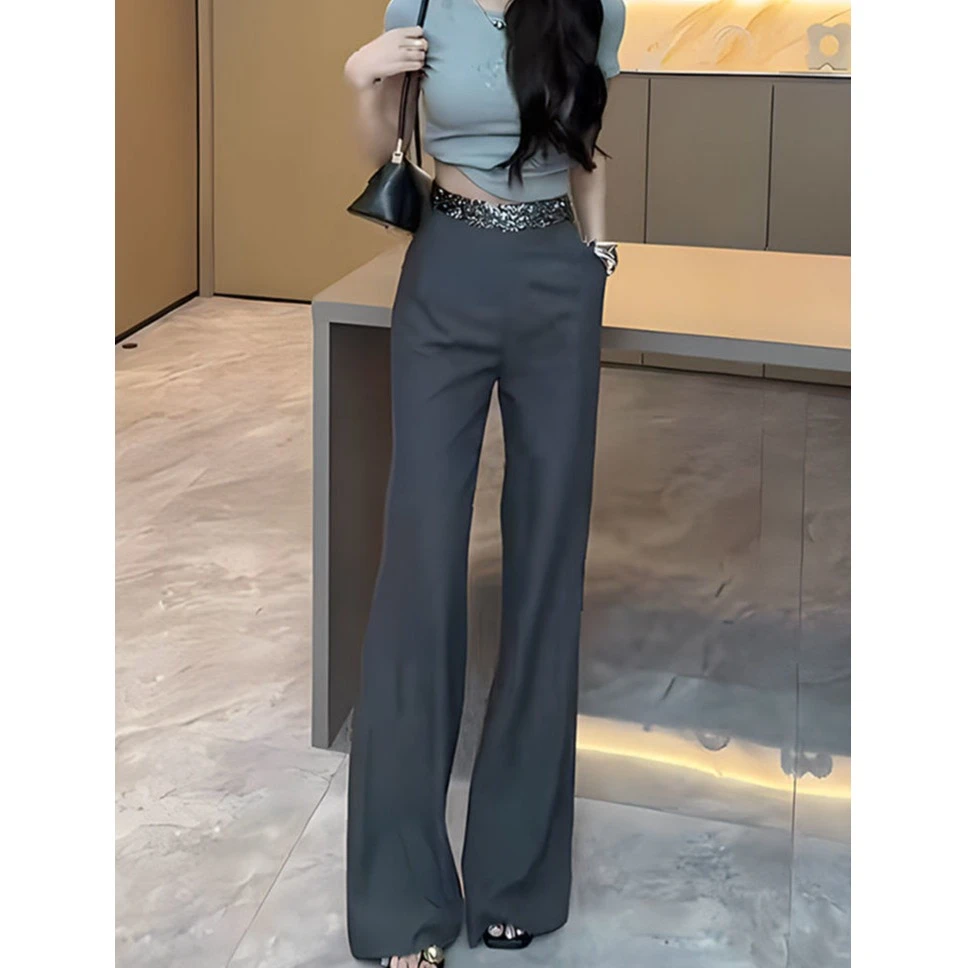 灰色拼接西装裤女早秋新款款设计感亮片宽松气质直筒阔腿拖地长裤