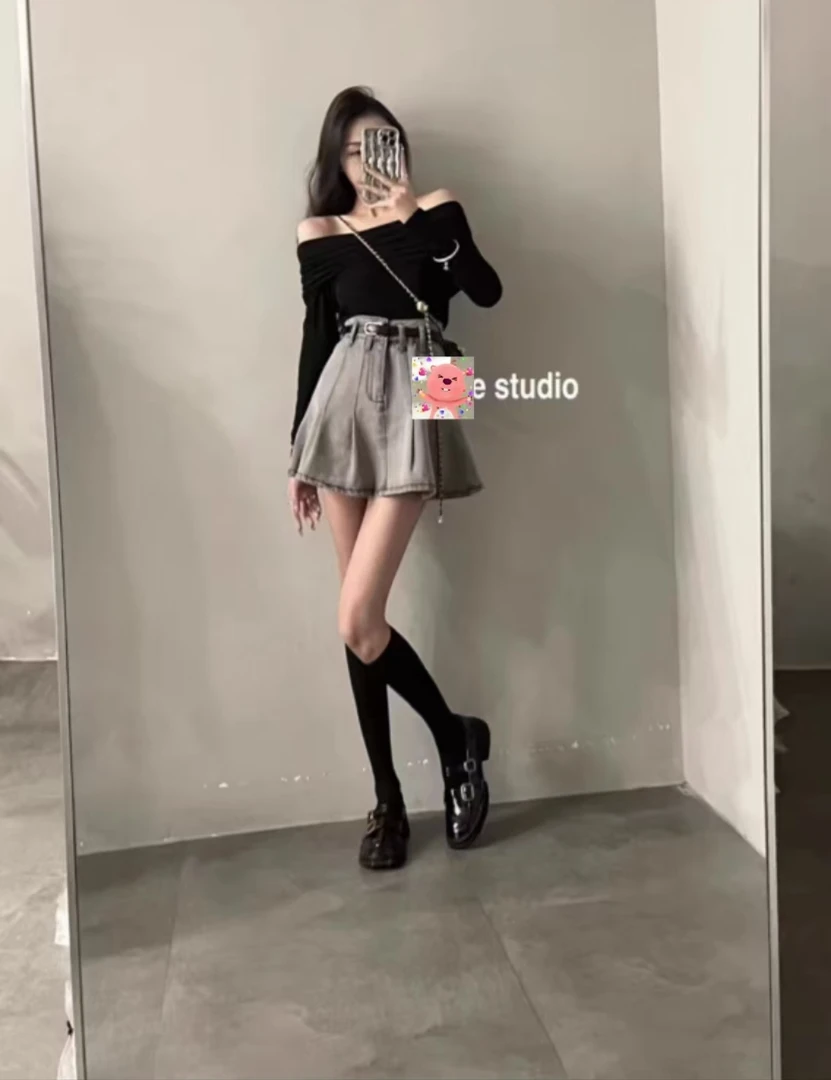 时尚大码显瘦百搭上衣+牛仔短裙-8717