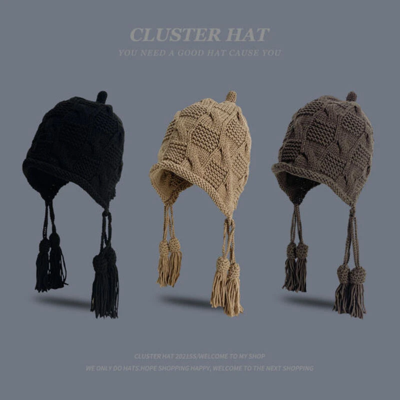 日系可爱卖萌绑带球球针织护耳帽女学生软妹保暖包头毛线帽子秋冬