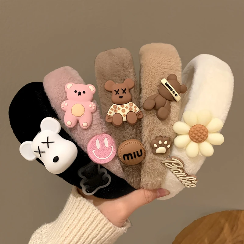 奶咖小熊花朵毛绒洗脸发箍女高颅顶2023新款秋冬头箍发捆头饰发卡