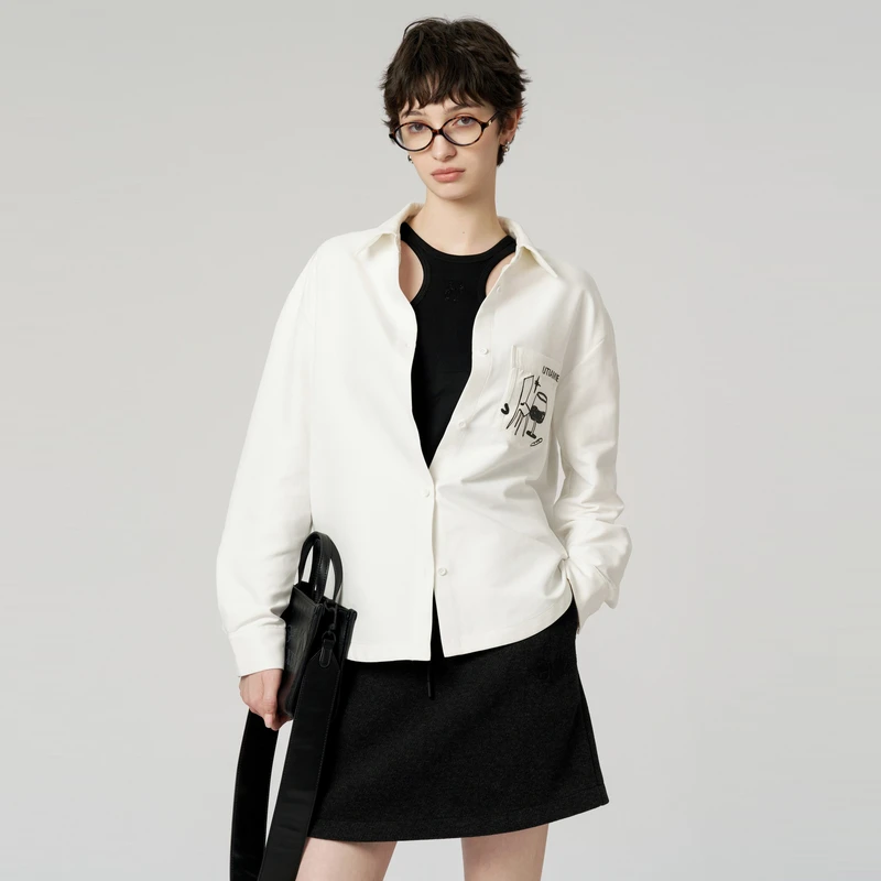 uti白色涂鸦印花衬衫女装 百搭简约廓形休闲上衣冬季新款