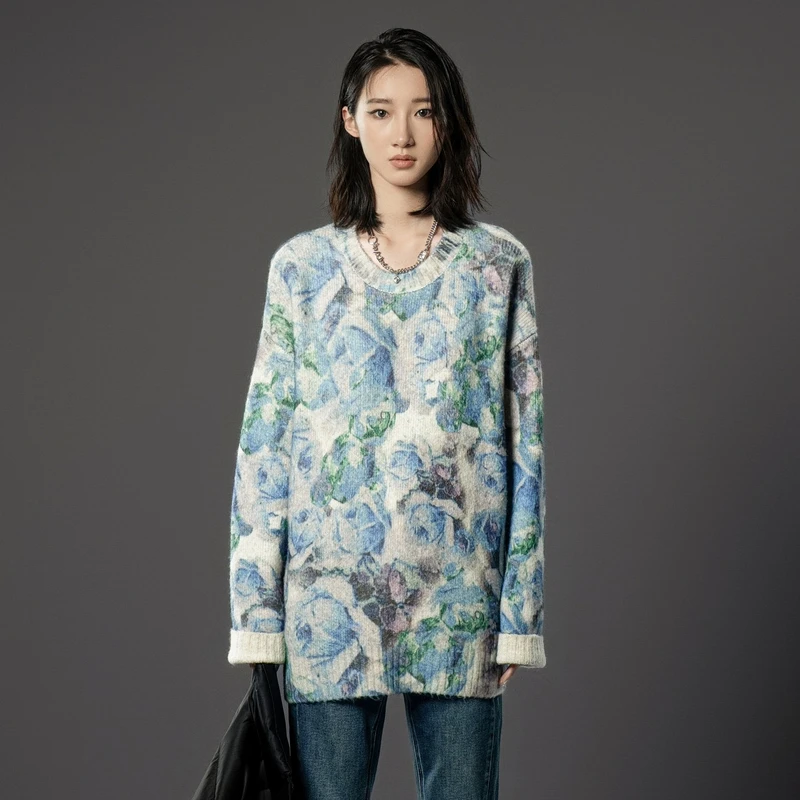 uti花版油画感花束毛衫女 百搭软糯亲肤休闲上衣尤缇2024冬季新款