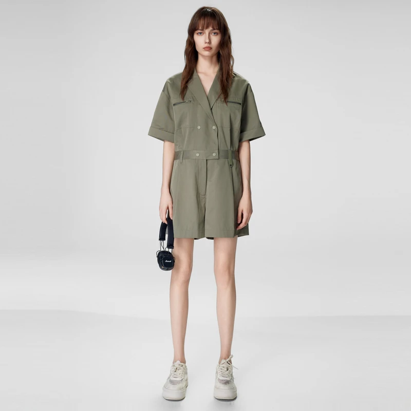 U/TI 浅军绿色休闲时尚连体宽松韩版西装高腰复古直筒连体裤