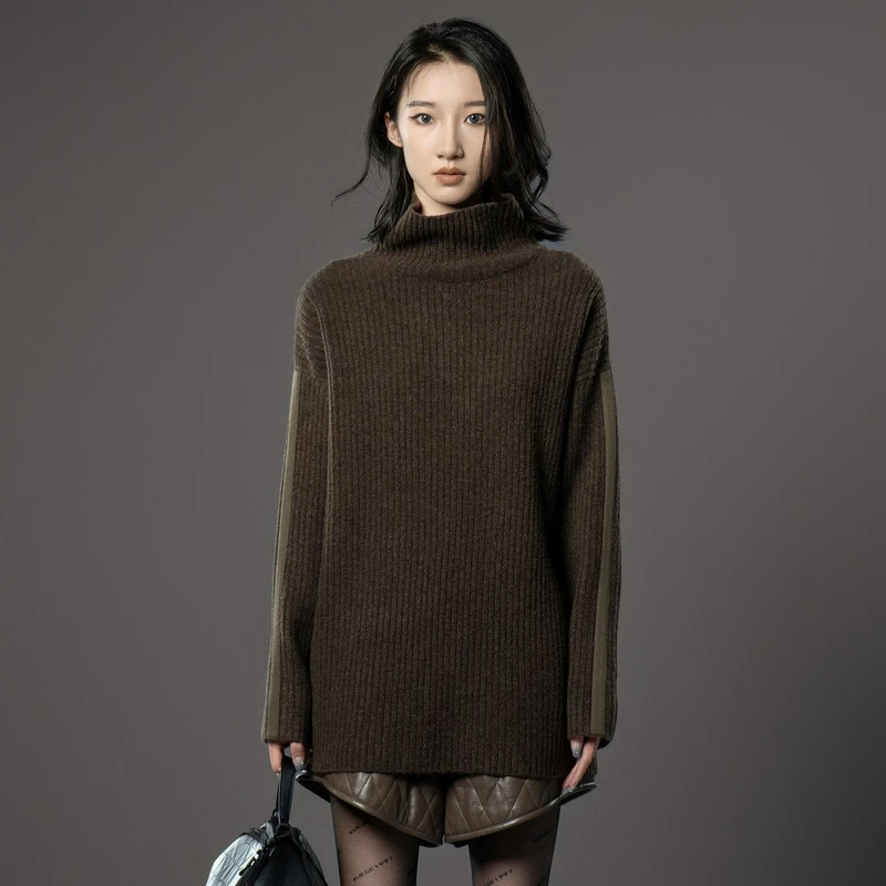 uti军绿色慵懒织带高领羊毛衫女装 百搭休闲上衣尤缇2024冬季新款