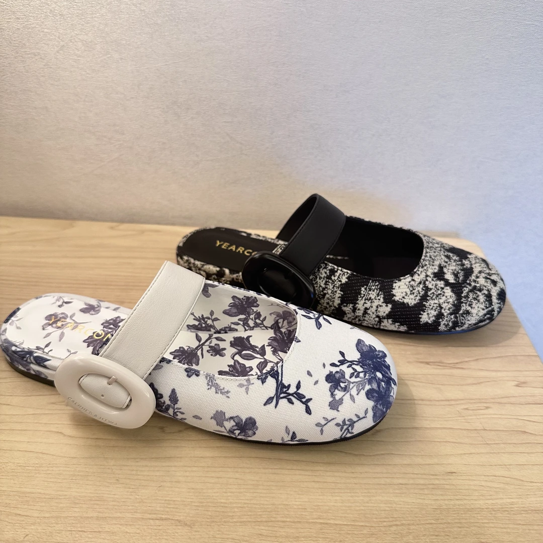意尔康24春夏青蓝花卉平底穆勒凉拖鞋S451GR38358U