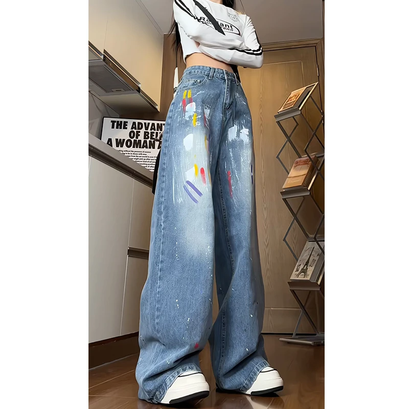美式潮牌涂鸦牛仔裤男春秋季复古水洗喷漆直筒裤设计感阔腿长裤子