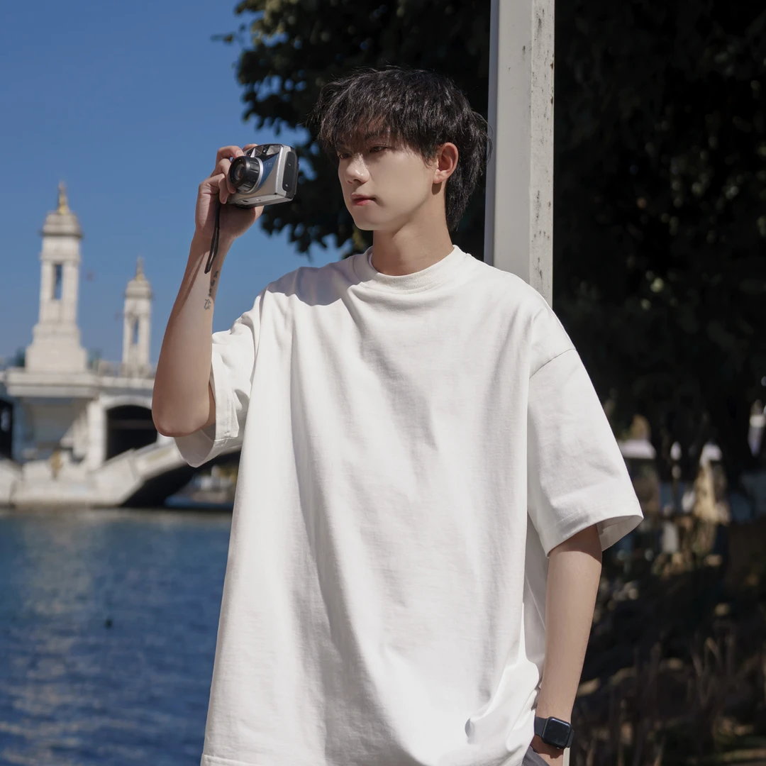 纯棉短袖t恤男士日系复古简约百搭ins潮牌休闲纯色宽松半袖体恤衫