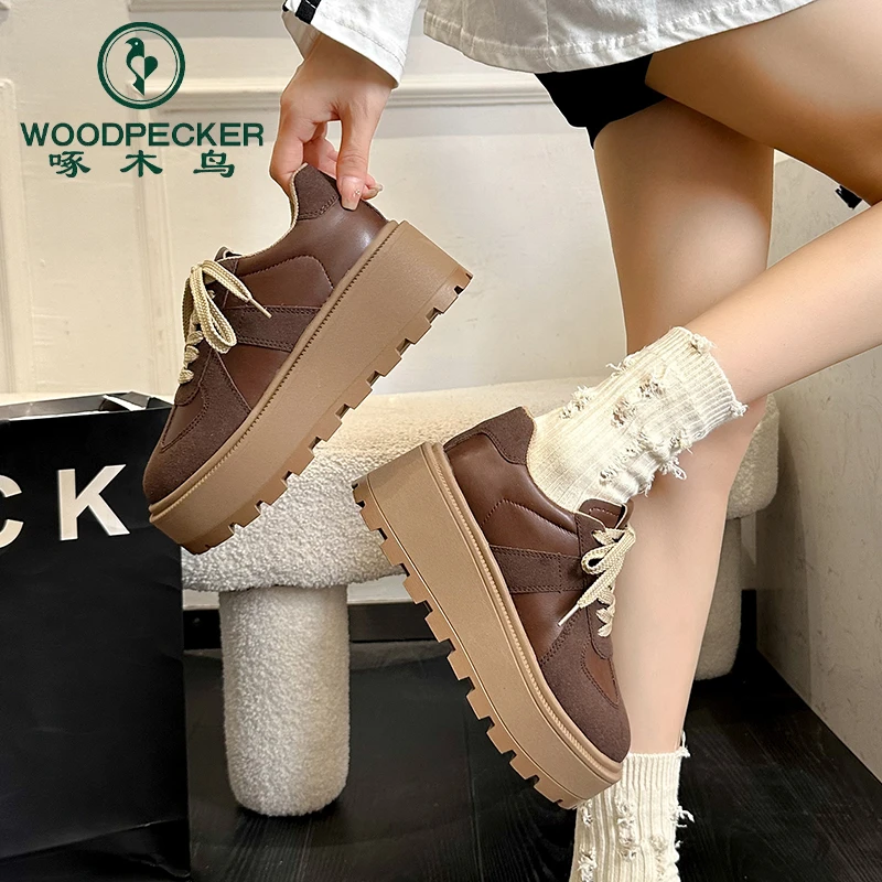 啄木鸟女鞋秋款2024新复古风百搭休闲松糕底增高鞋时尚小个子女士