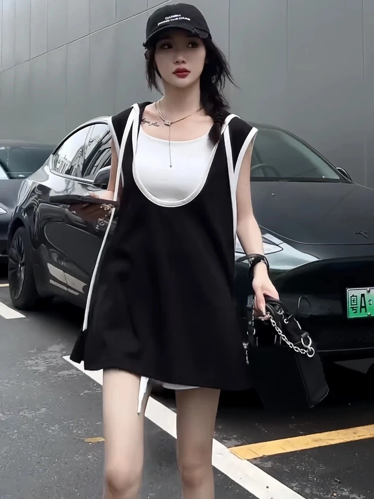 时尚休闲运动套装慵懒宽松无袖连帽上衣短裤三件套2024夏季女装