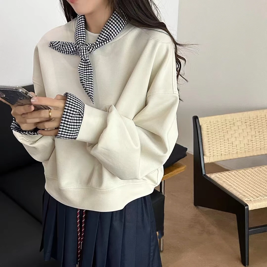 韩版圆领宽松显瘦套头拼接格子可拆卸长袖卫衣2024秋新上衣女潮