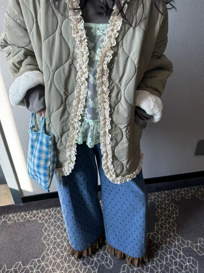 韩系花边拼接加厚保暖棉服外套女2024小众设计感百搭减龄甜酷上衣