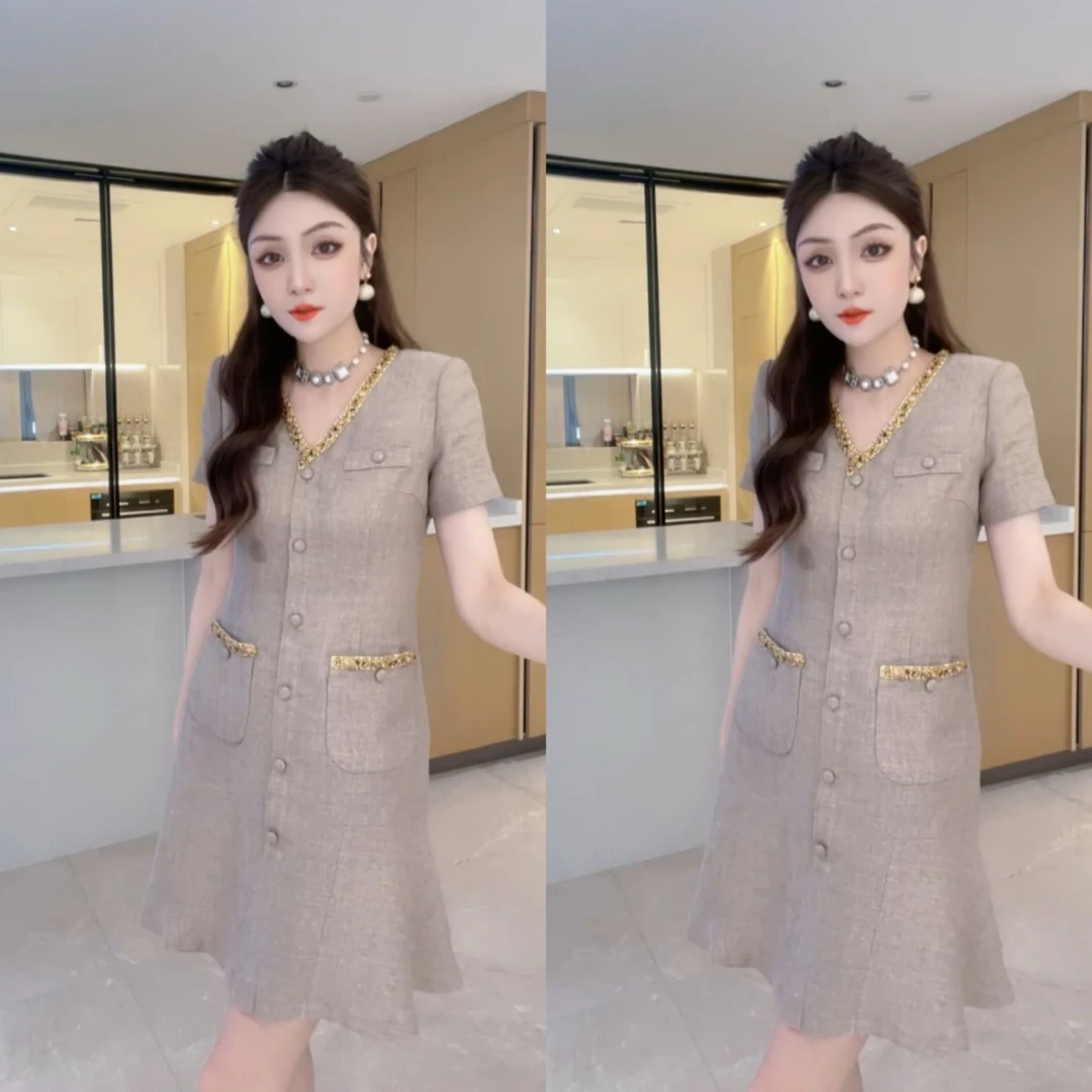 M9A85094新款高腰短袖夏季亚麻修身短袖气质高级感钉珠轻奢连衣裙