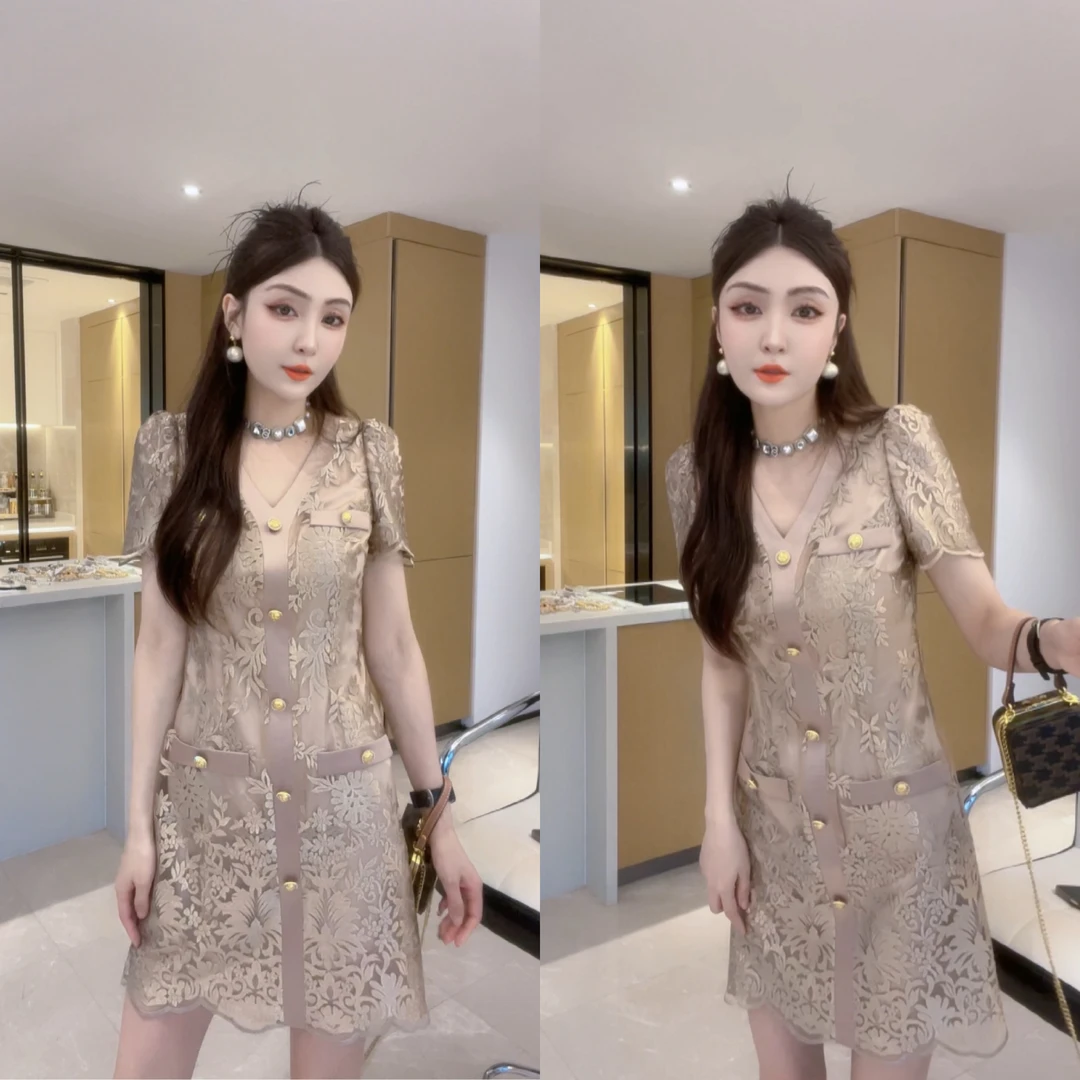 M9A85068  气质显瘦短袖时尚小香风绣花轻奢高端名媛女装连衣裙