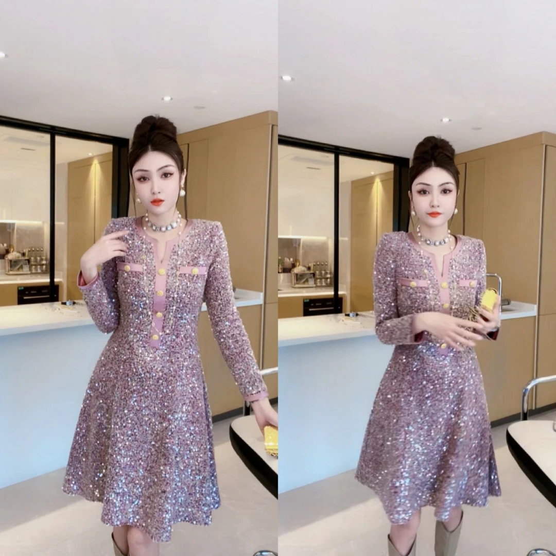 M9A84096   初秋新款粉色时尚显瘦气质收腰重工亮片大裙摆连衣裙