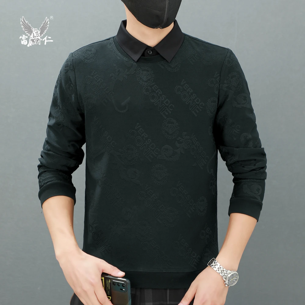 【雷仁】2023秋冬男士翻领提花卫衣透气商务长袖T恤POLO衫LR6751