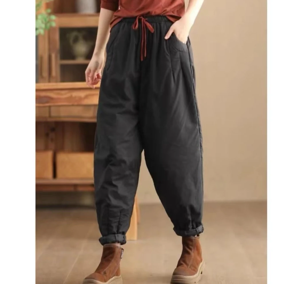 复古夹棉加厚休闲哈伦裤2024冬季外穿棉裤宽松百搭显瘦时尚纯色