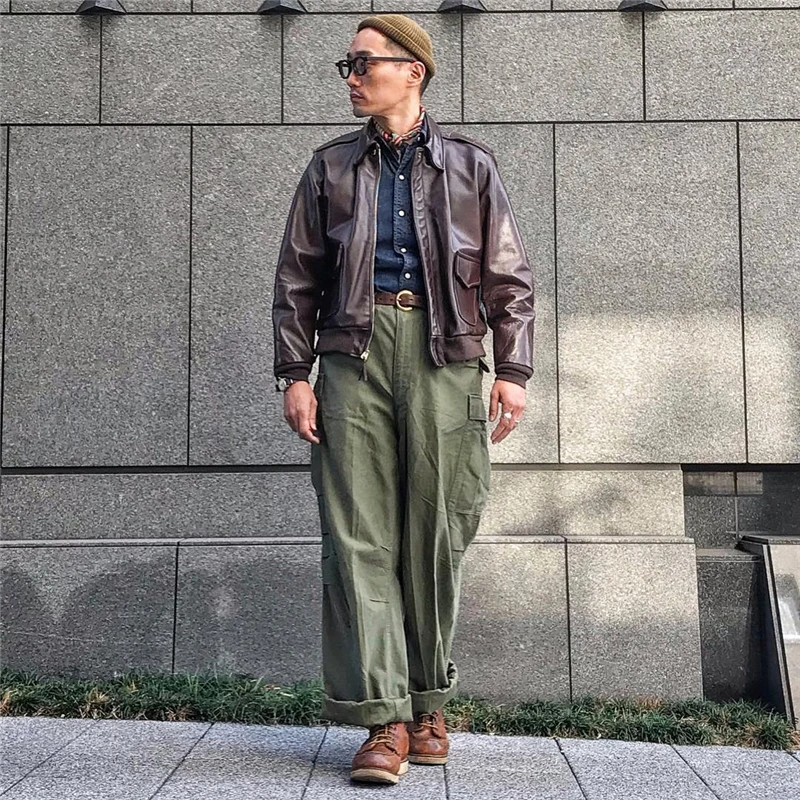 日系工装皮衣男外套复古A-2飞行员皮夹克阿美咔叽秋冬季pu机车服