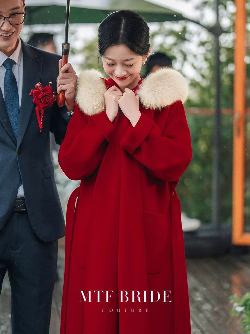 绵羊毛连帽双面大毛领红色大衣秋冬中长款气质新年战袍气质外套