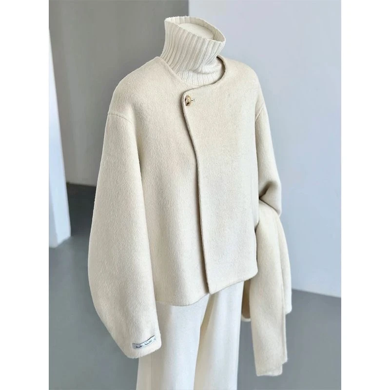 2023秋冬新款小香风设计感围巾双面羊毛大衣短款小个子高级显瘦