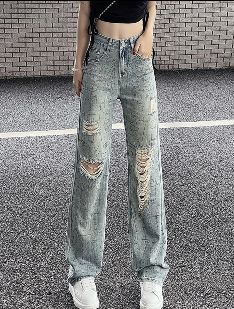 重工漫天星烫钻牛仔裤2024年新款复古宽松百搭ins窄版直筒牛仔裤