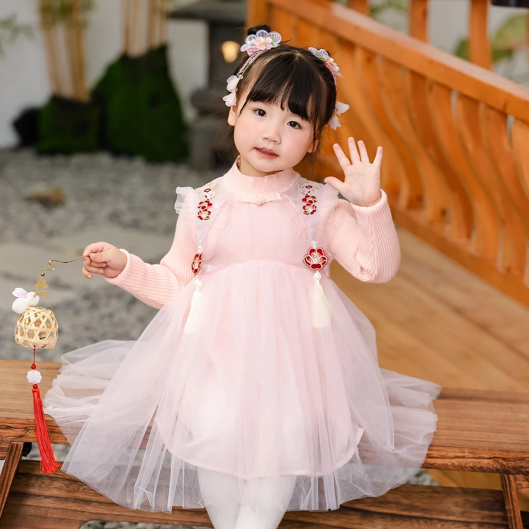 【高定毛衣裙】小女孩高档公主裙 女童裙子秋冬 中国风长袖连衣裙