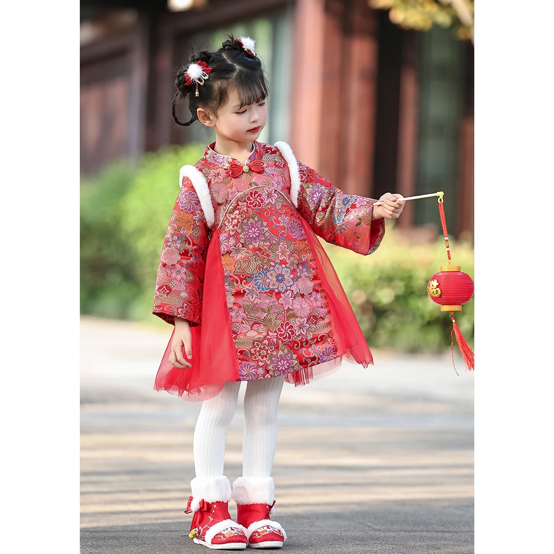 【锦绣织锦】加绒加厚女童古风连衣裙 中国风刺绣儿童公主裙