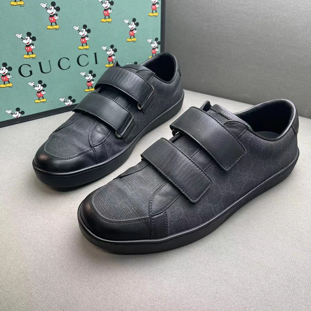GUCCI/古驰黑色暗纹双G老花满印魔术贴经典百搭板鞋 41.5码/95新