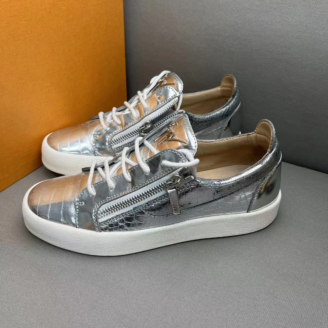 GiuseppeZanotti银色亮面拉链时尚百搭系带板鞋（小瑕疵）43码/95新