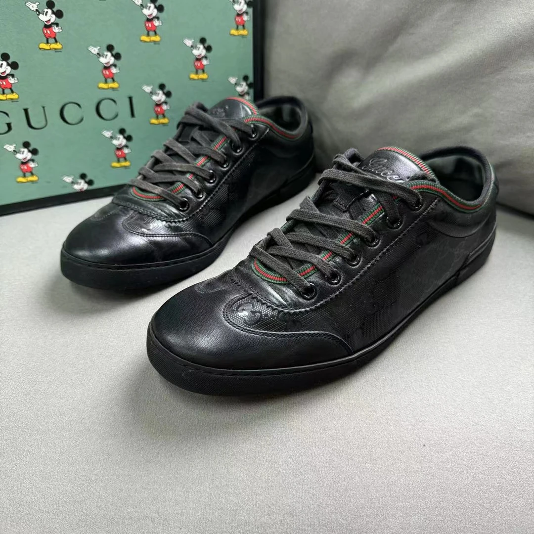 95新 GUCCI/古驰 黑色亮面时尚百搭潮流低帮德训板鞋 多尺码