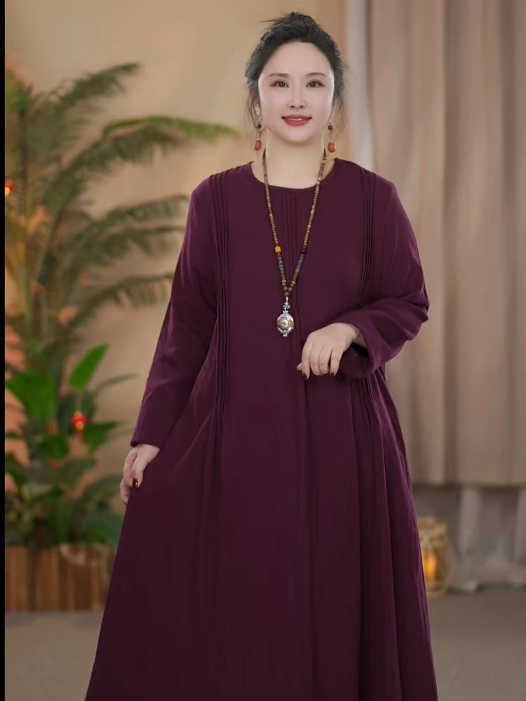 2808长袖秋季复古气质时尚圆领全棉女装连衣裙宽松连衣裙