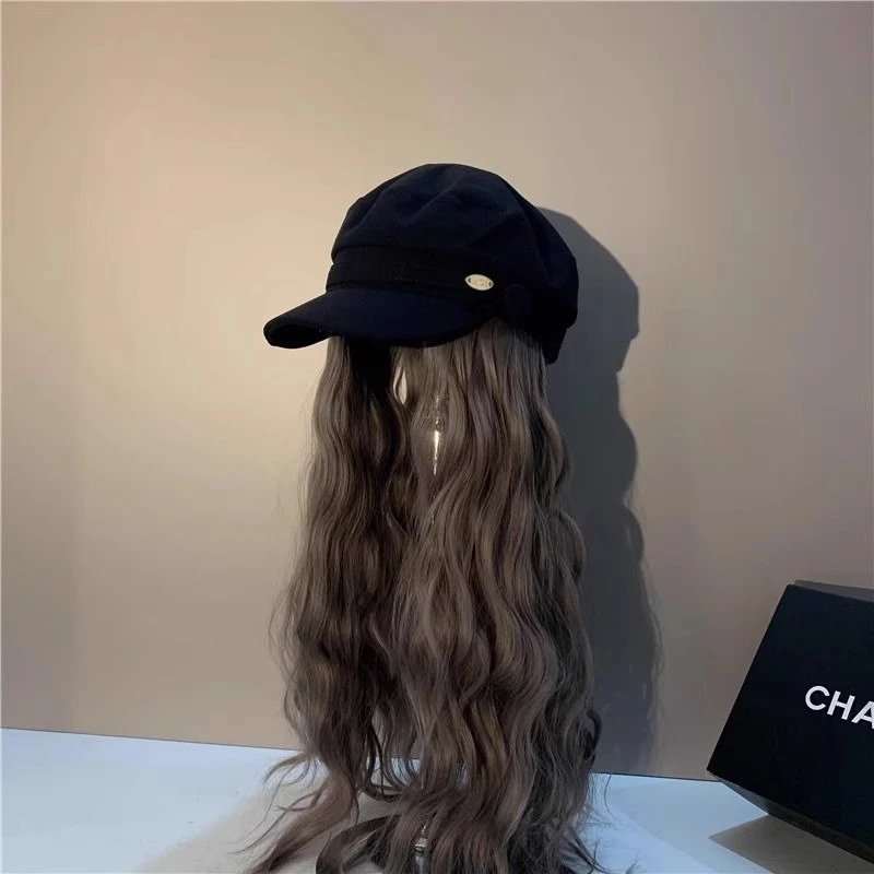 帽子假发女秋冬英伦时髦百搭水波纹卷发贝雷帽可拆卸鸭舌帽全头套