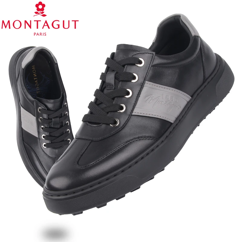 梦特娇男鞋春秋季新款时尚拼色休闲运动皮鞋男厚底超轻潮流板鞋男