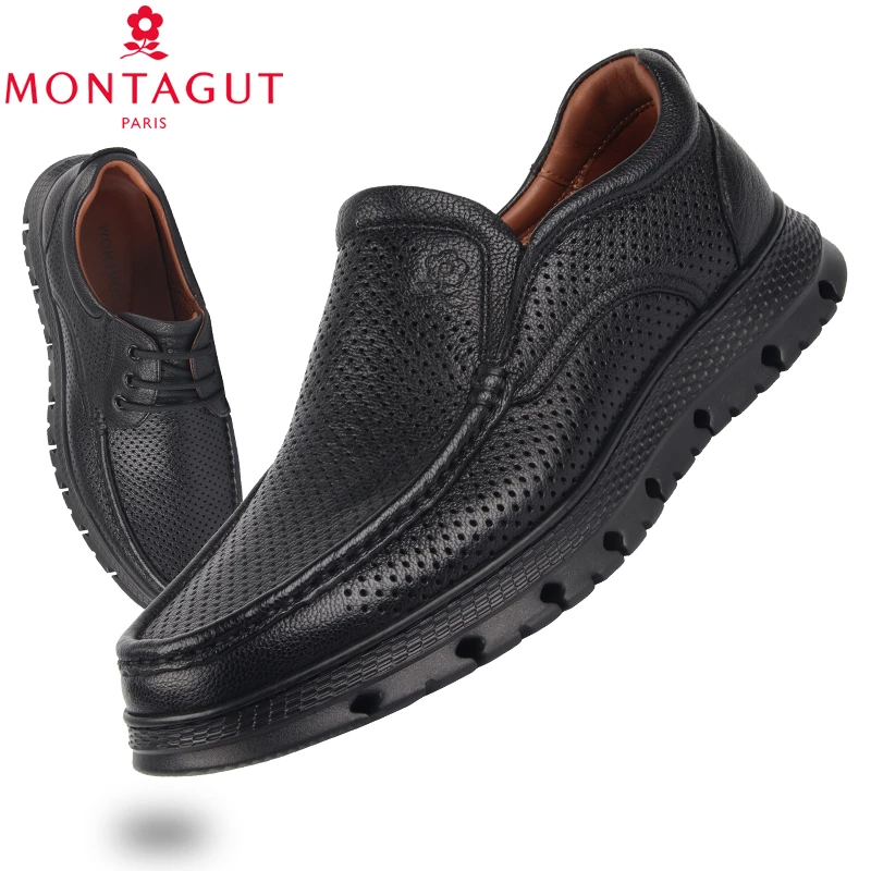 梦特娇男鞋25夏季新款超轻厚底休闲冲孔皮鞋男软羊皮一脚蹬皮凉鞋