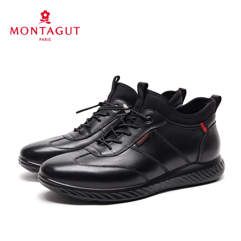 梦特娇男鞋冬季新款时尚休闲户外休闲皮鞋男真皮加绒保暖运动板鞋