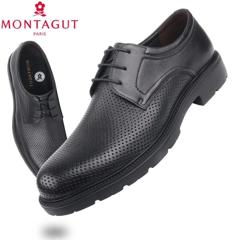 梦特娇男鞋2025夏季新款商务正装冲孔皮鞋男真皮轻质厚底工作皮鞋