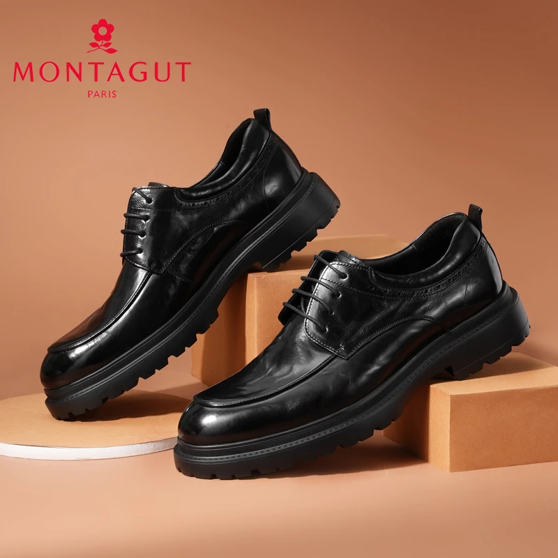 梦特娇男鞋秋冬新款时尚真皮手抓纹休闲鞋系带圆头商务正装皮鞋男