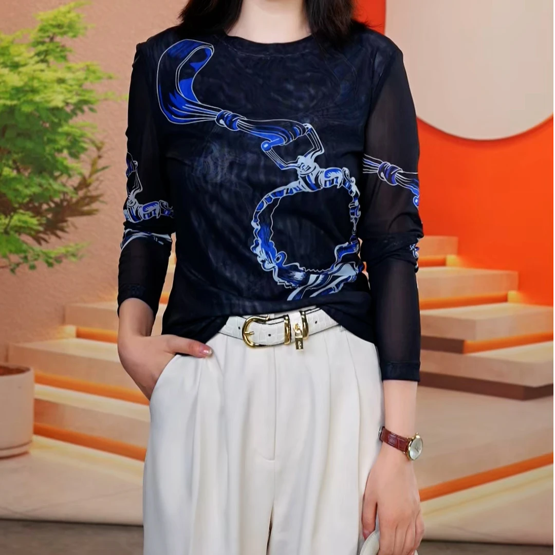 新款肌肤网纱上衣时尚百搭显瘦T恤打底衫2024180158