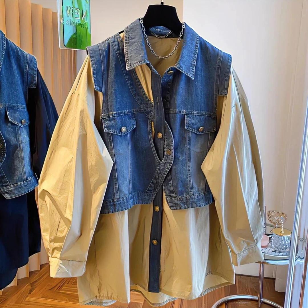 欧货胖mm遮肚显瘦假两件衬衫女春宽松藏肉设计感牛仔拼接长袖上衣