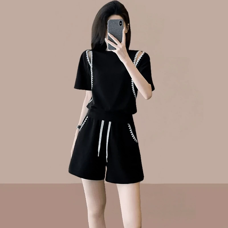 网红运动休闲套装女夏季宽松时尚减龄洋气炸街露肩短袖短裤两件套